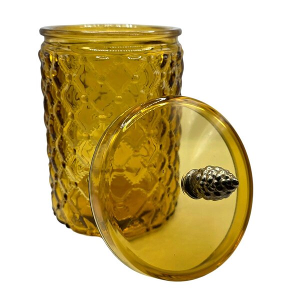 Vintage Amber Apothecary Glass Jar Lid MCM Quilted Diamond Pinecone Finial 7.5" - Picture 9 of 12